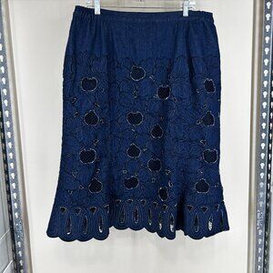 Womens J Song Embroidered A-line Long Denim Skirt with Eyelet Cutouts Size 18